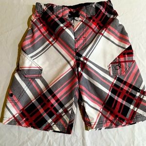 OP Swim Trunks Boy M (8) Plaid Red White Black Drawstring Waist Board Shorts